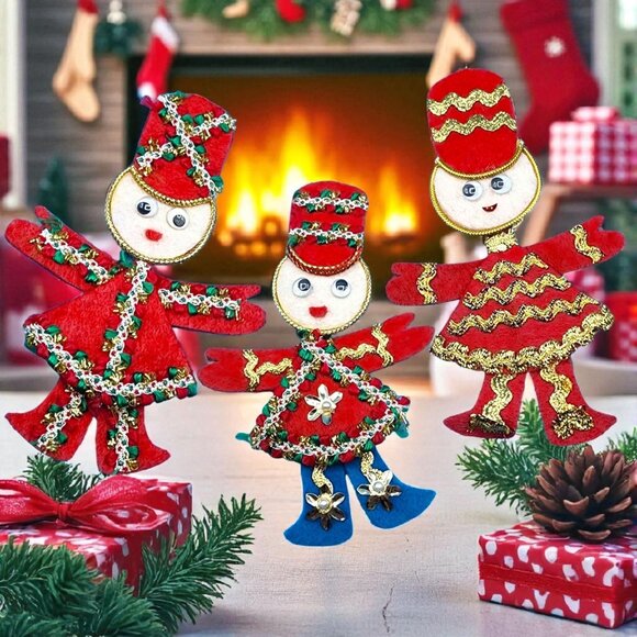 Vintage Red Felt Toy Soldier Ornaments w/ Googly Eyes & Gold Trim 1960s v4 - Picture 1 of 11